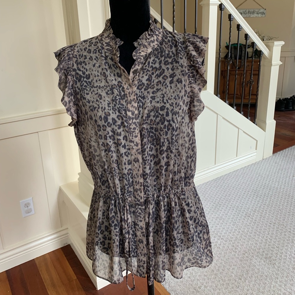 All Saints Leopard Print Ruffle Peplum Blouse in Taupe and Black